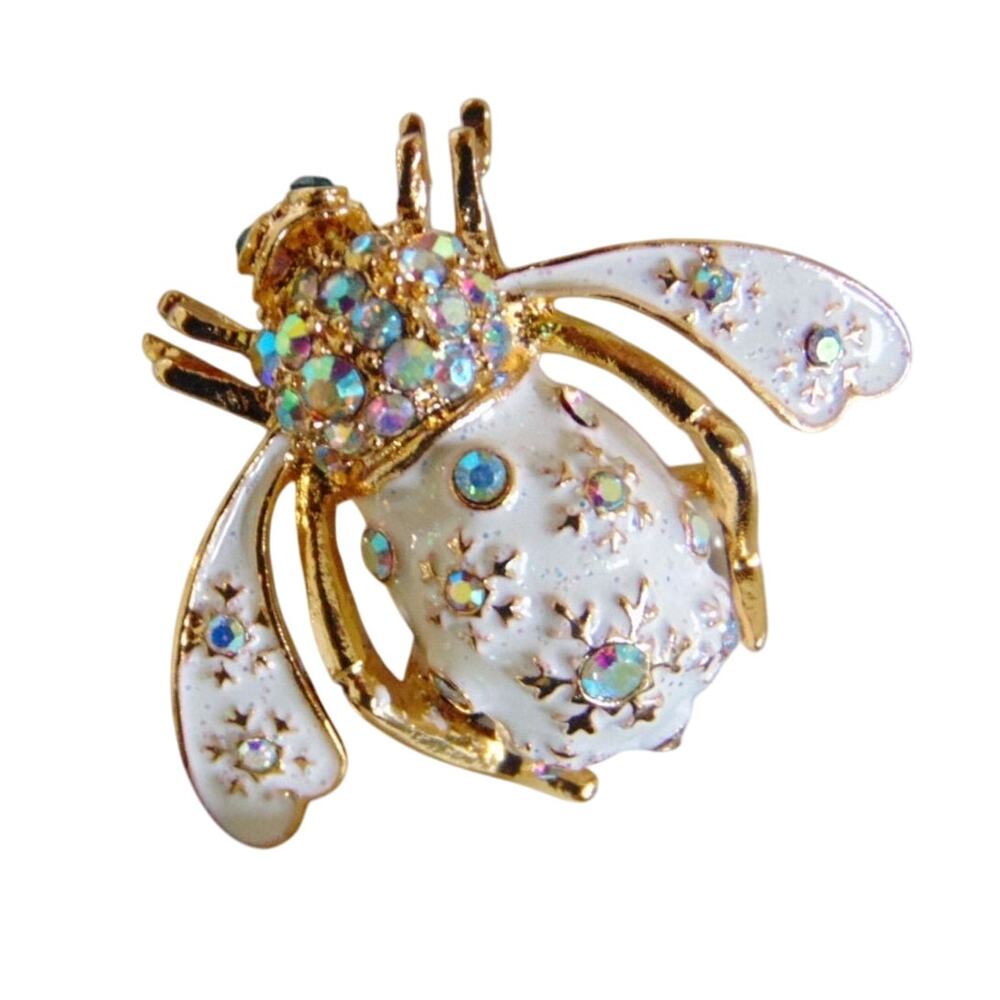 Joan Rivers Snowflake Bee Brooch Pin White Gold Aurora Borealis Crystals Holiday